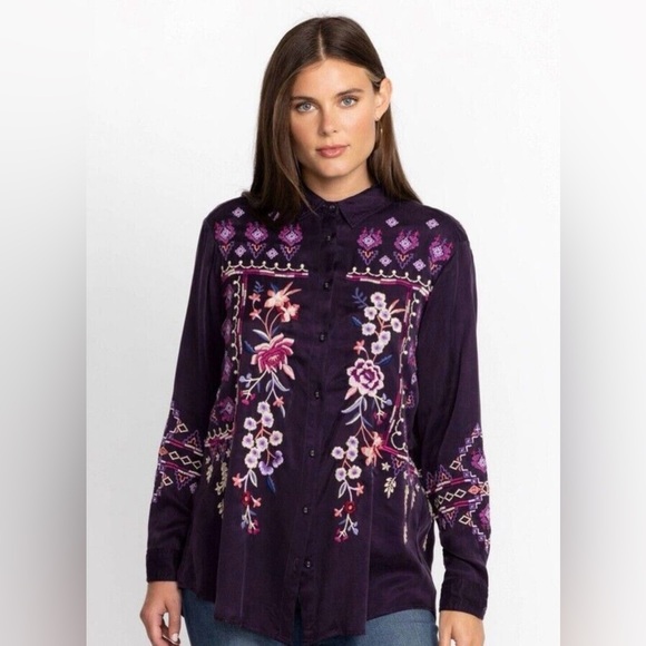 Johnny Was Tops - JOHNNY WAS CURACAO OVERSIZED LONG SLEEVE TUNIC IN DEEP PURPLE SIZE XL